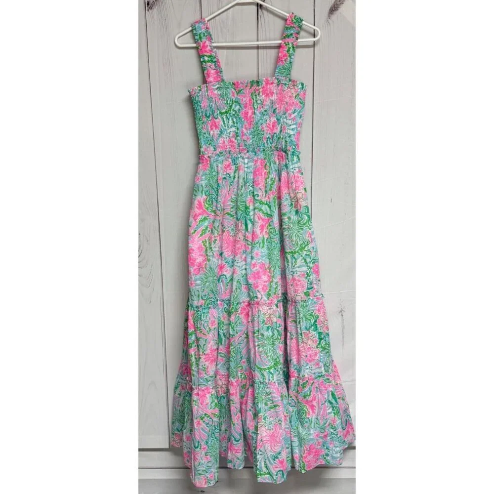 Lilly Pulitzer Hadley Smocked Midi Dress Medium Amalfi Blue Leaf It Wild NWT - Picture 4 of 15